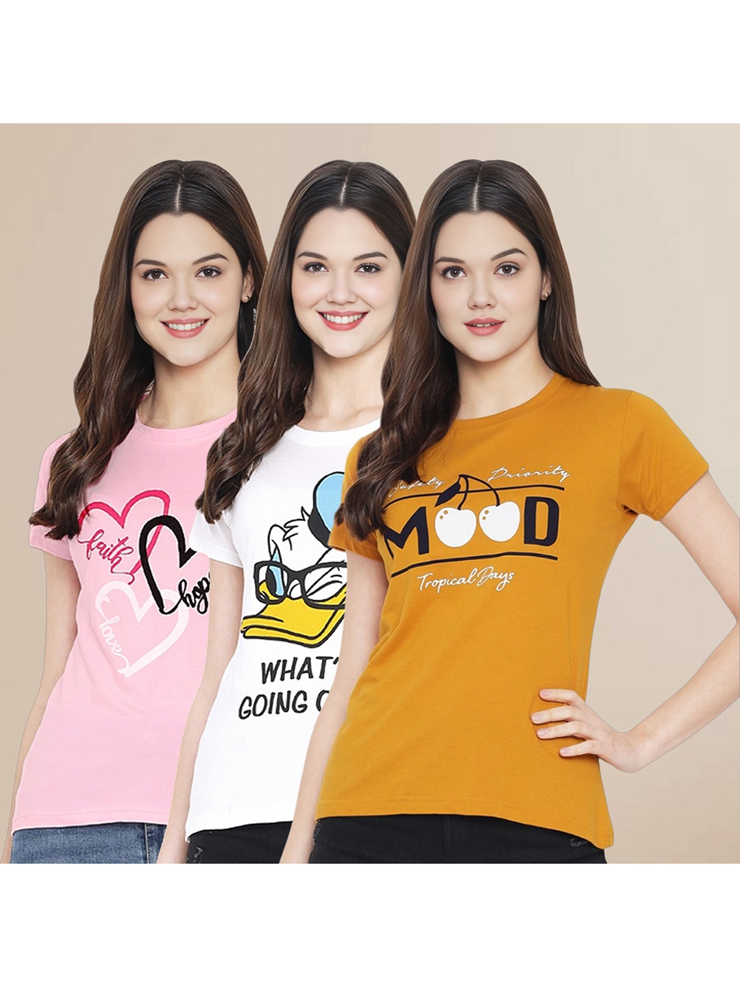 

Metronaut Women Pack Of 3 Typography Printed Round Neck Cotton Donald Duck T-shirts, Pink
