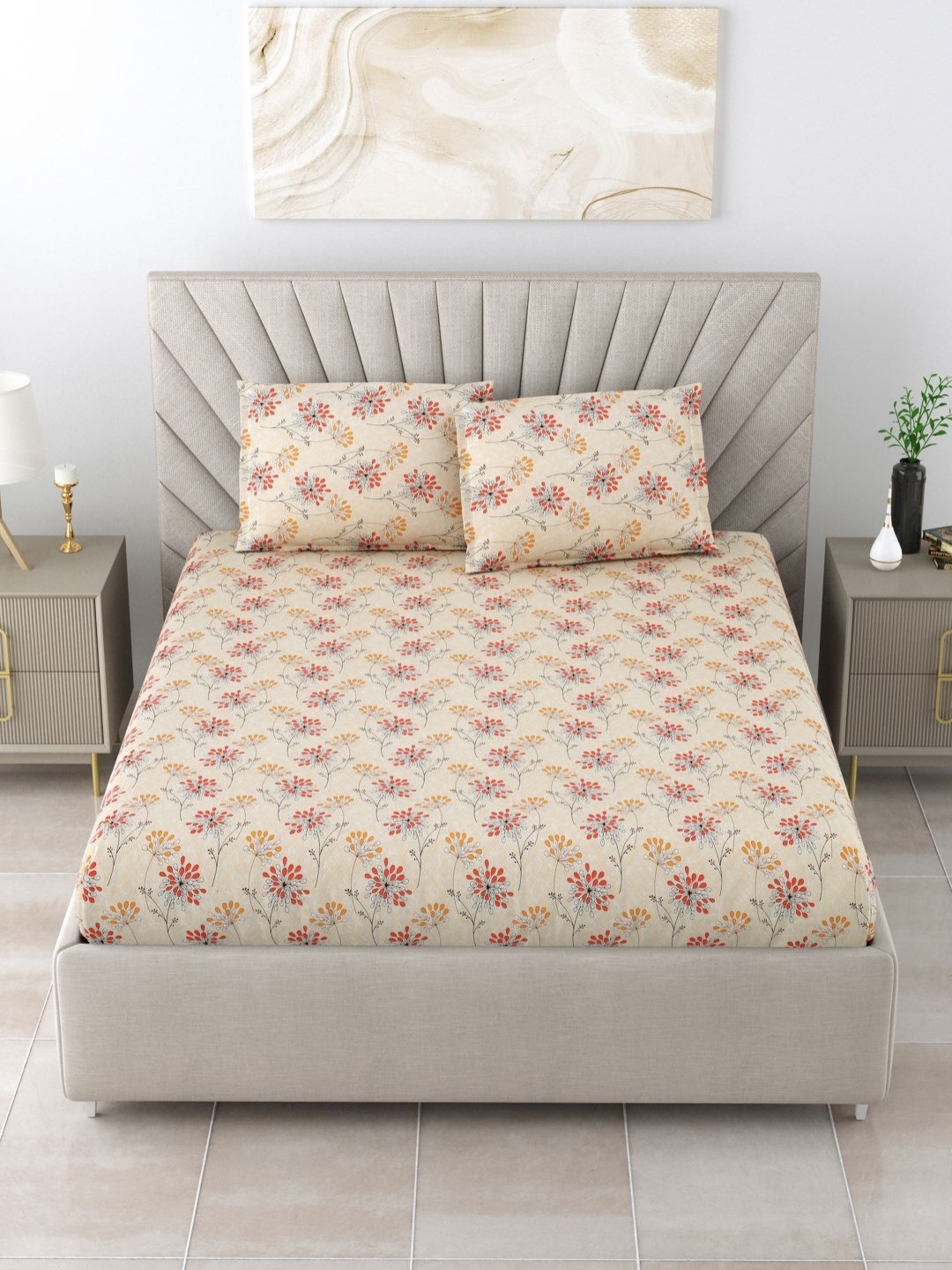 

BOMBAY DYEING Epigram Beige Floral Cotton 144 TC Queen Bedsheet Set 2.24 m x 2.54 m