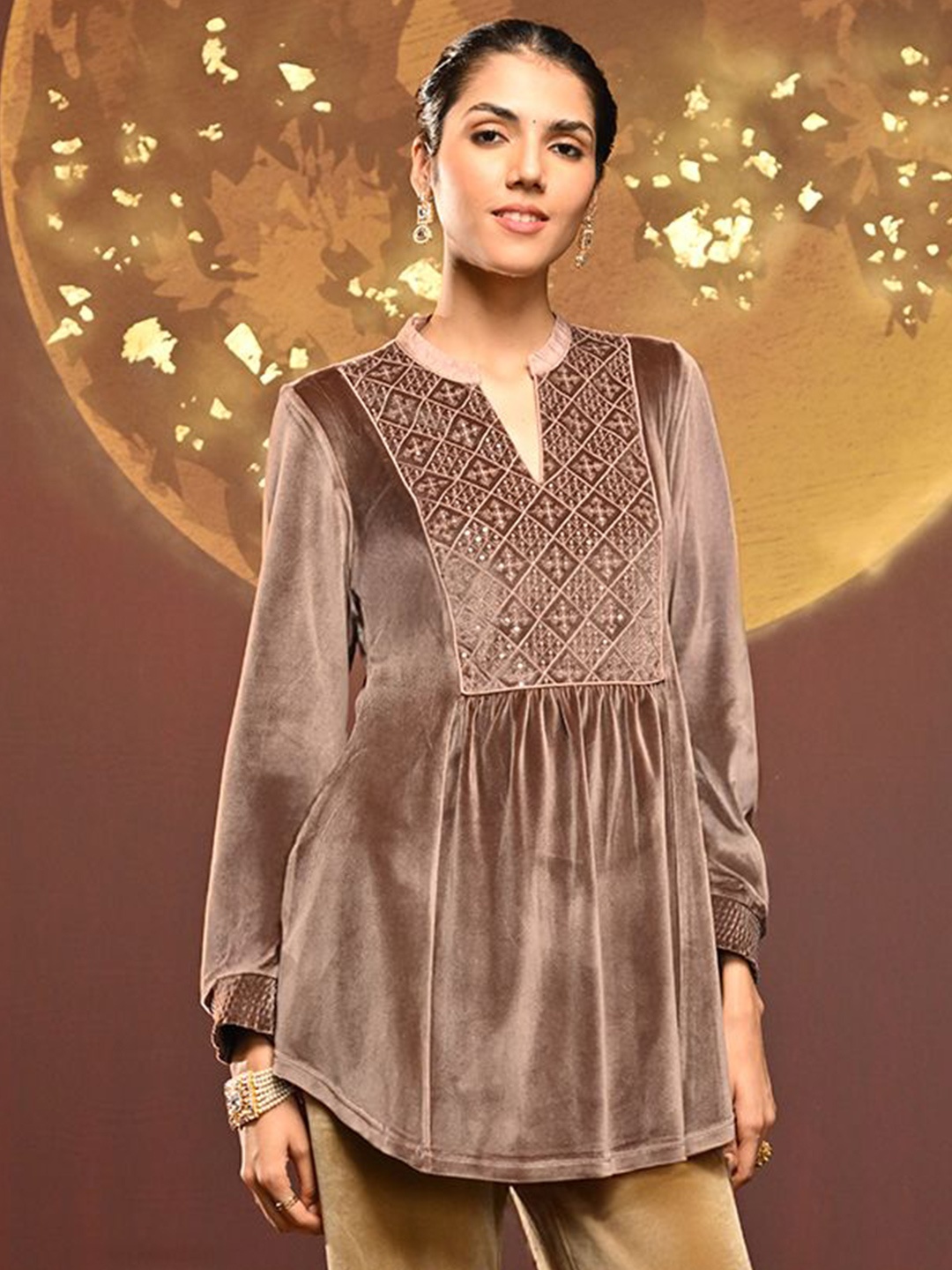 

Lakshita Women Embroidered Sequinned Velvet Mandarin Collar Kurti, Beige