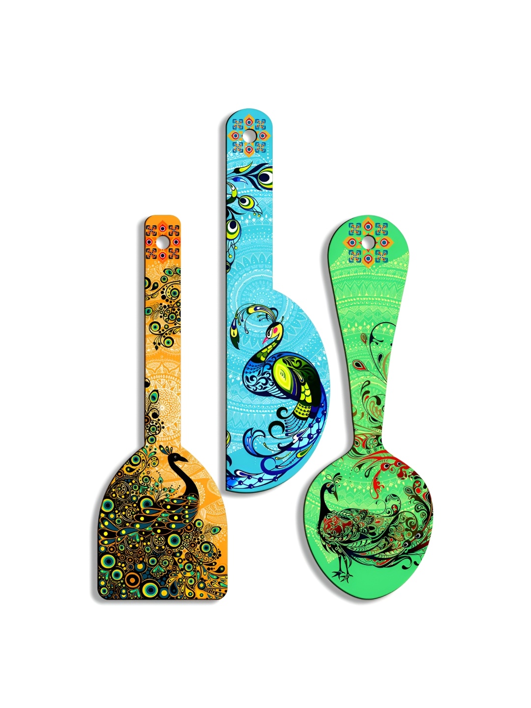 

SEHAZ ARTWORKS Green 3 Pieces Printed Wooden Wall Hanging Decor