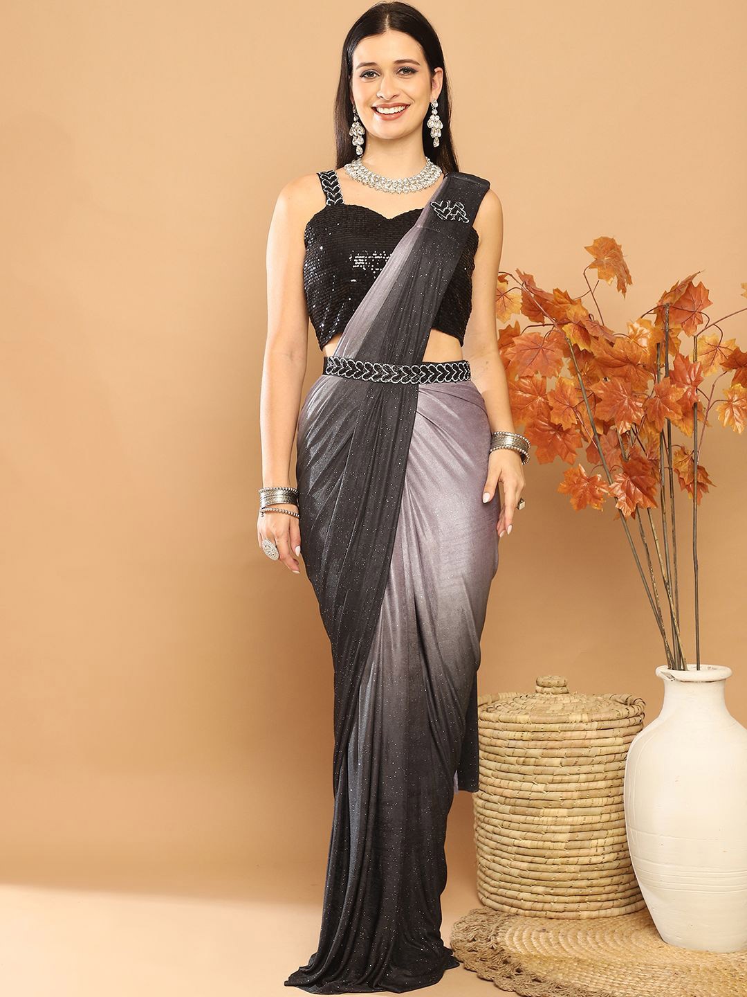 

Mitera Embellished Ready to Wear Saree With Stitched Blouse, Black