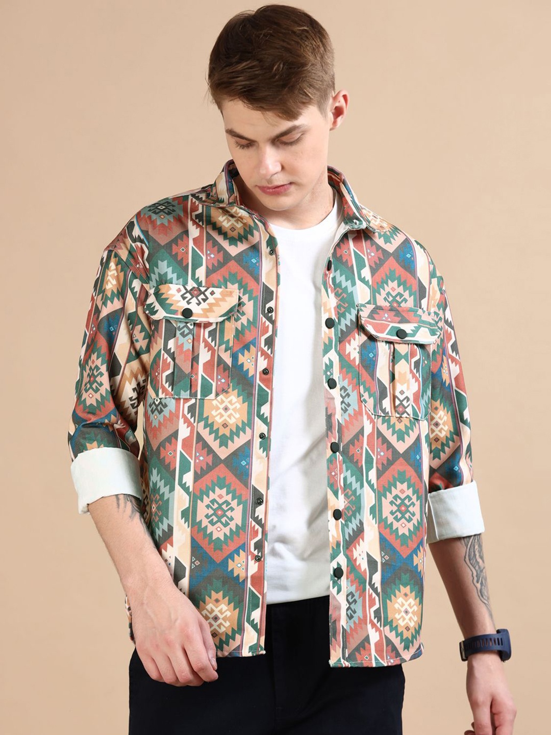 

Bushirt Men Relaxed Geometric Printed Relaxed Fit Casual Shacket, Red