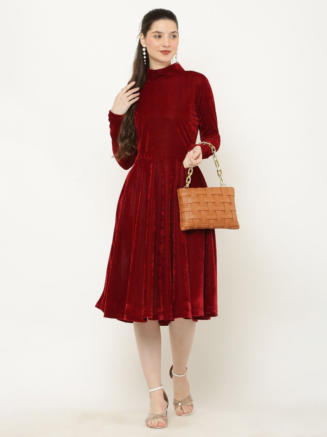 

VIVIENT Women High Neck Velvet Knee Length Fit And Flare Dress, Maroon