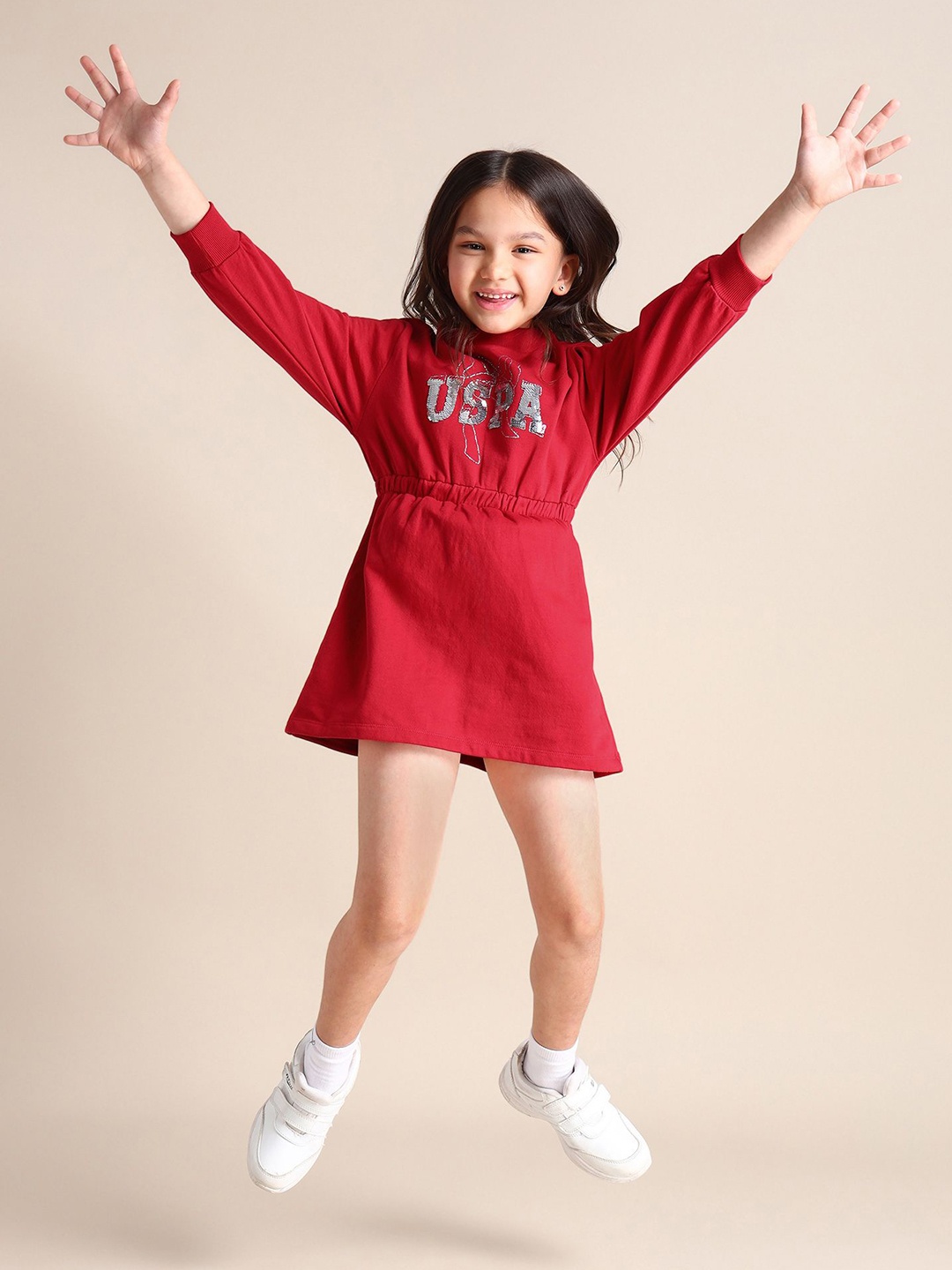 

U.S. Polo Assn. Kids Girls Printed Long Sleeves Round Neck Dresses, Red