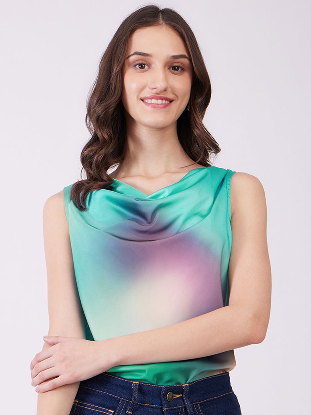 

FableStreet Women Ombre Printed Cowl Neck Regular Top, Blue