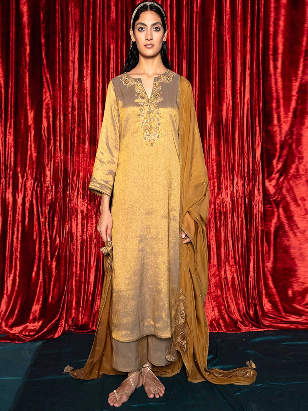 

Ganga Floral Embroidered Sequinned Raw Silk Straight Kurta With Palazzos & Dupatta, Mustard