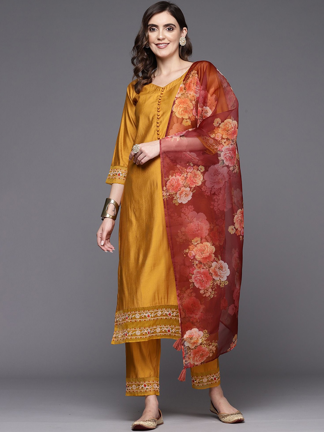 

Indo Era Women Floral Embroidered Regular Thread Work Liva Kurta with Trousers & With Dupatta, Mustard