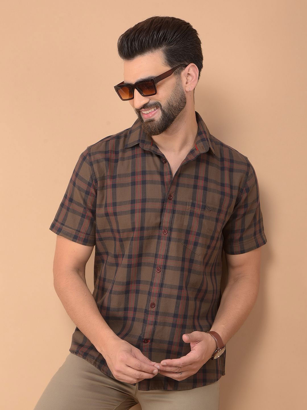

Crimsoune Club Men Classic Spread Collar Tartan Checked Cotton Casual Shirt, Brown