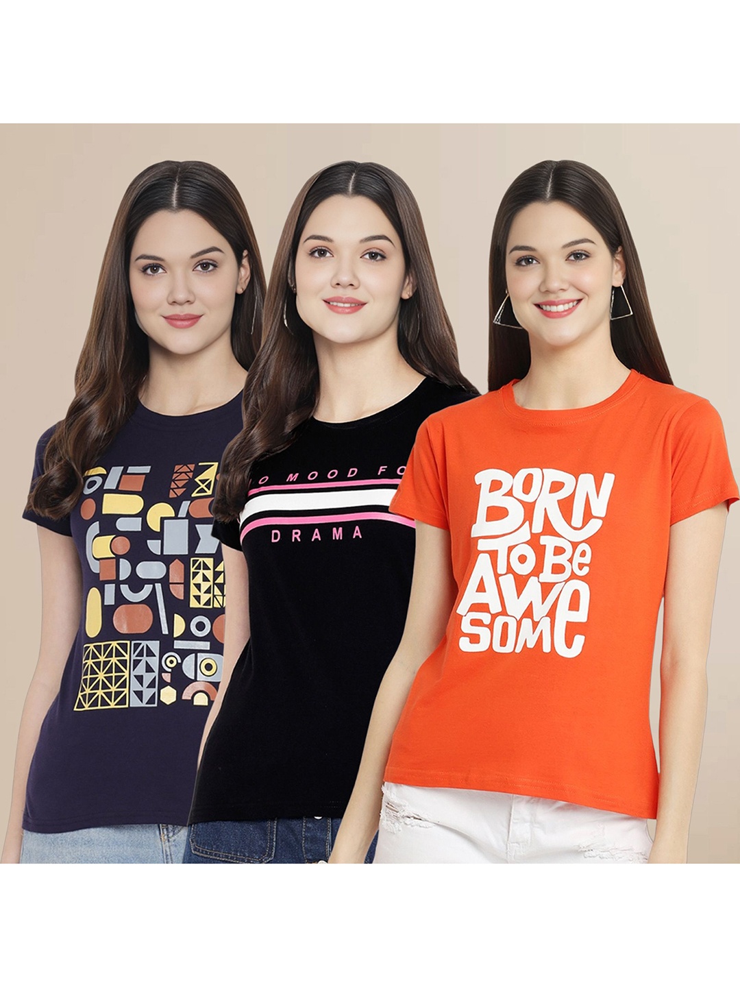 

Metronaut Women Pack Of 3 Typography Printed Round Neck Cotton T-shirts, Navy blue