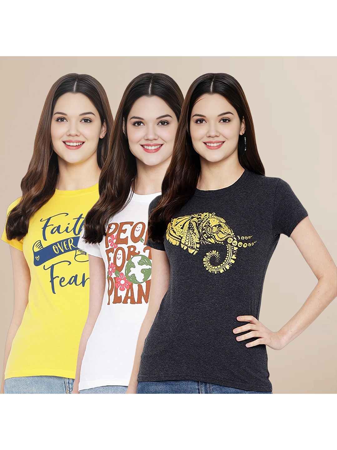 

Metronaut Women Pack Of 3 Typography Printed Round Neck Cotton T-shirts, Yellow
