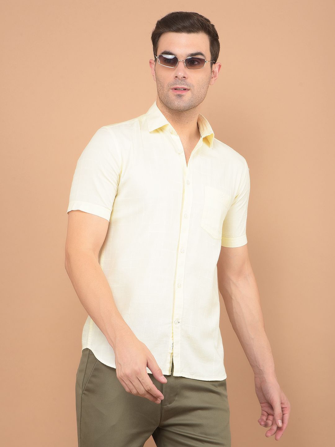 

Crimsoune Club Men Classic Spread Collar Checked Cotton Slim Fit Casual Shirt, Cream