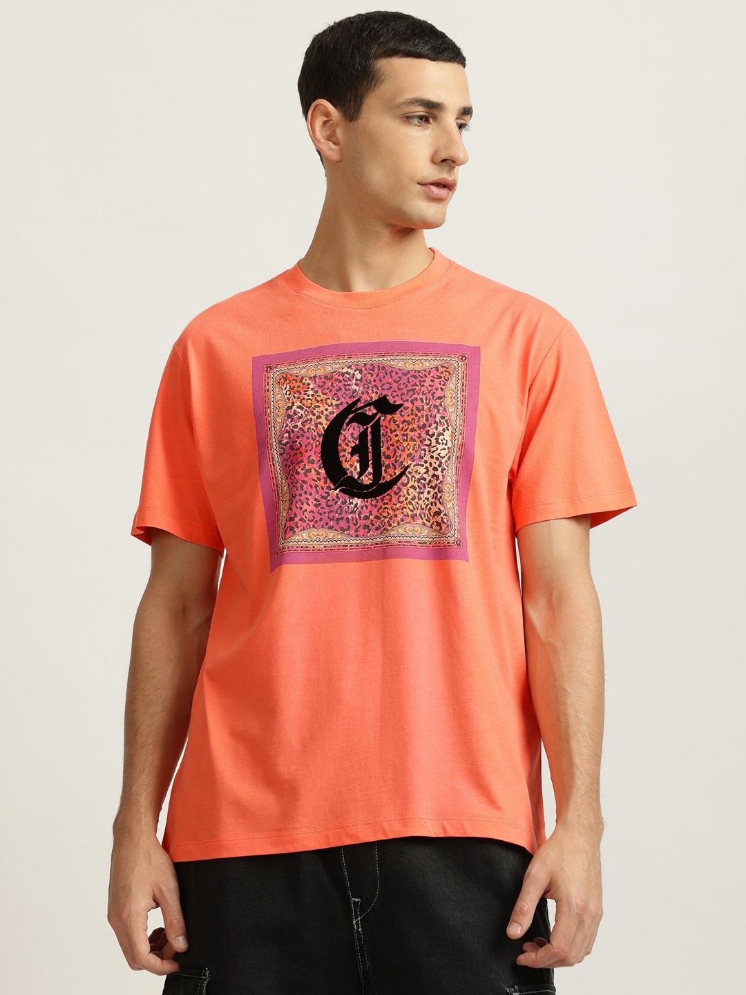 

Just Cavalli Men Animal Printed Round Neck Cotton T-shirt, Coral