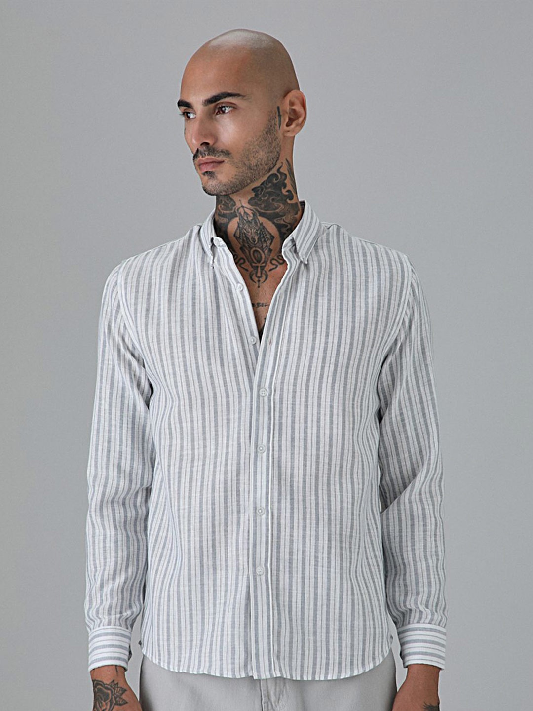 

Banana Club Men Classic Slim Fit Semi Sheer Striped Casual Shirt, Grey