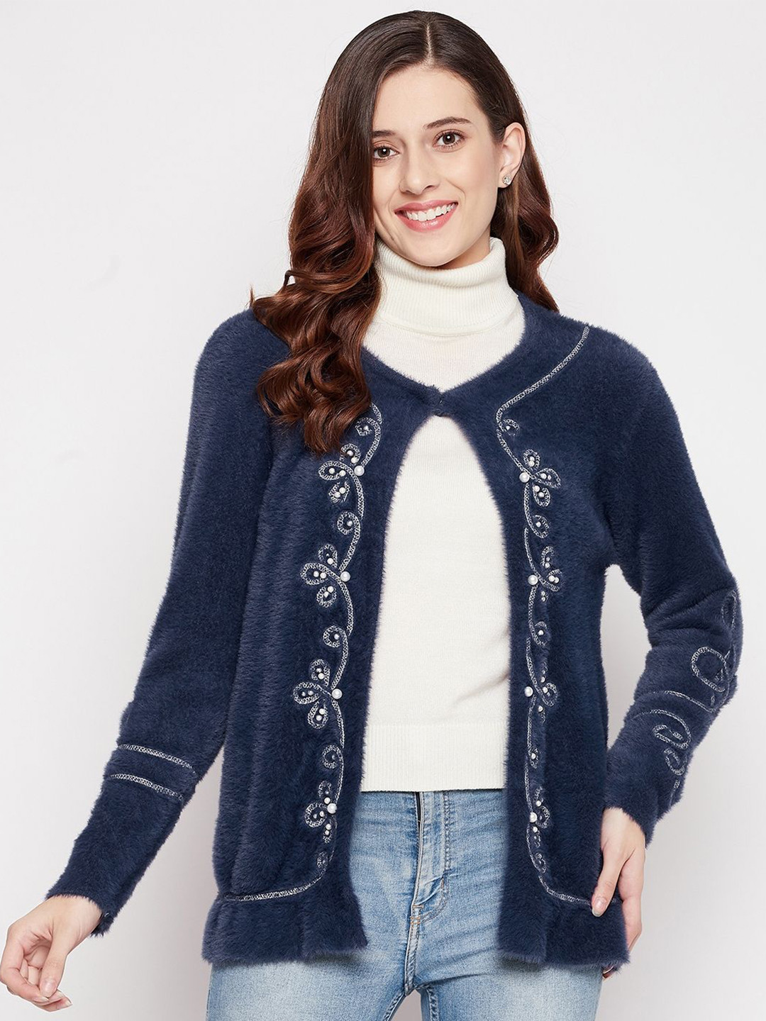 

Duke Women Woollen Cardigan with Fuzzy Detail, Blue