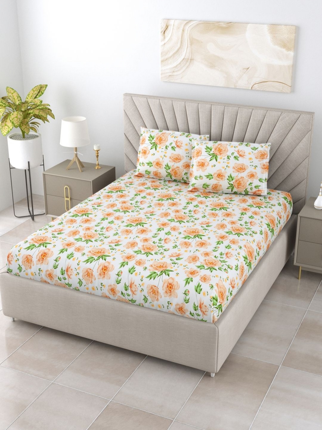 

BOMBAY DYEING Brown Floral 144 TC Cotton King Bedsheet Set-2.74 m x 2.74 m