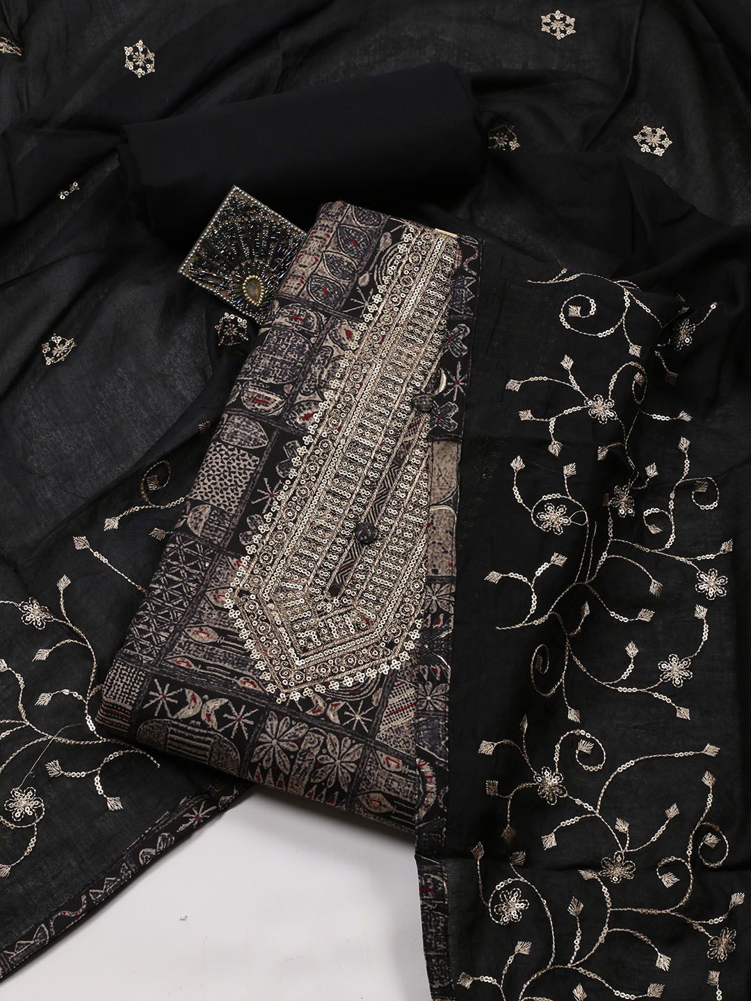 

Meena Bazaar Printed Unstitched Dress Material, Black