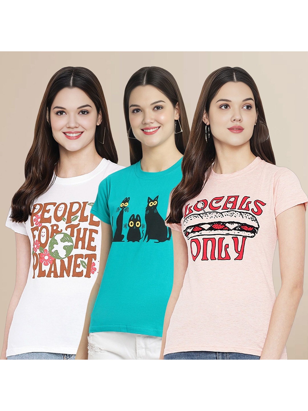 

Metronaut Women Pack Of 3 Typography Printed Round Neck Cotton T-shirts, White