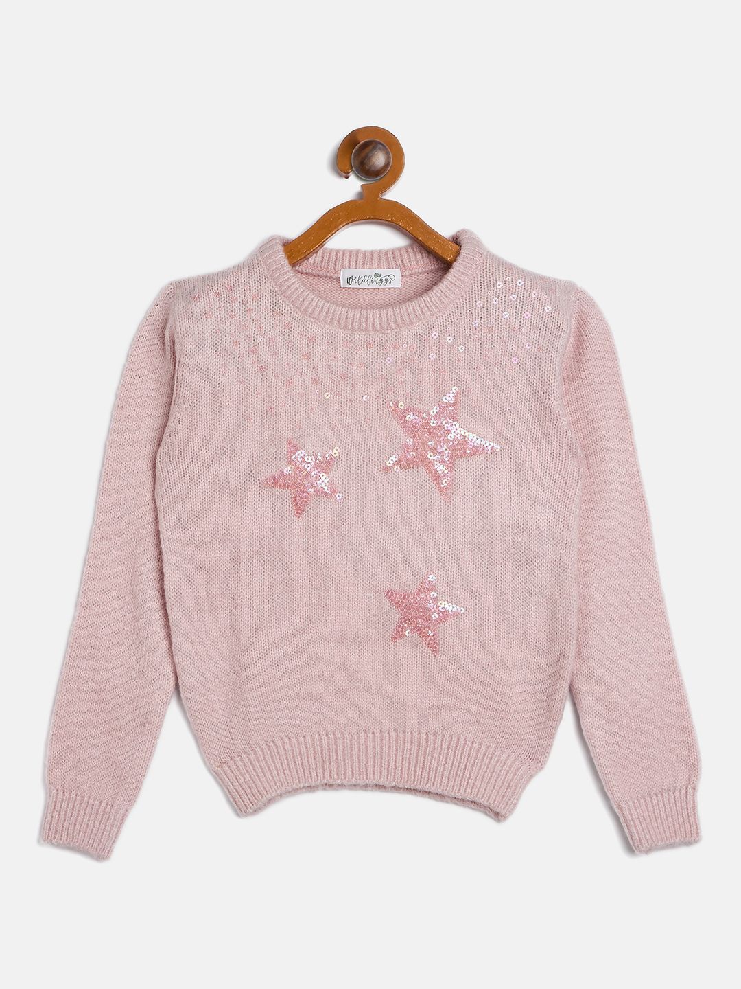 

JWAAQ Girls Cable Knit Ribbed Cotton Round Neck Pullover with Embellished Detail, Pink