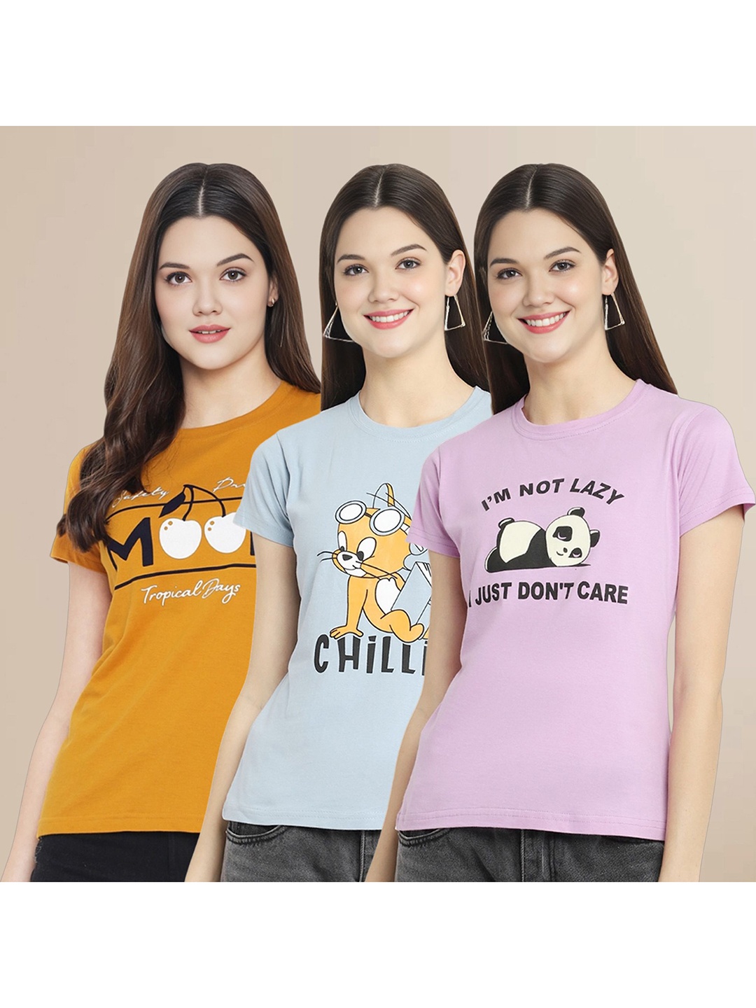 

Metronaut Women Pack Of 3 Typography Printed Round Neck Cotton Tom & Jerry T-shirts, Mustard