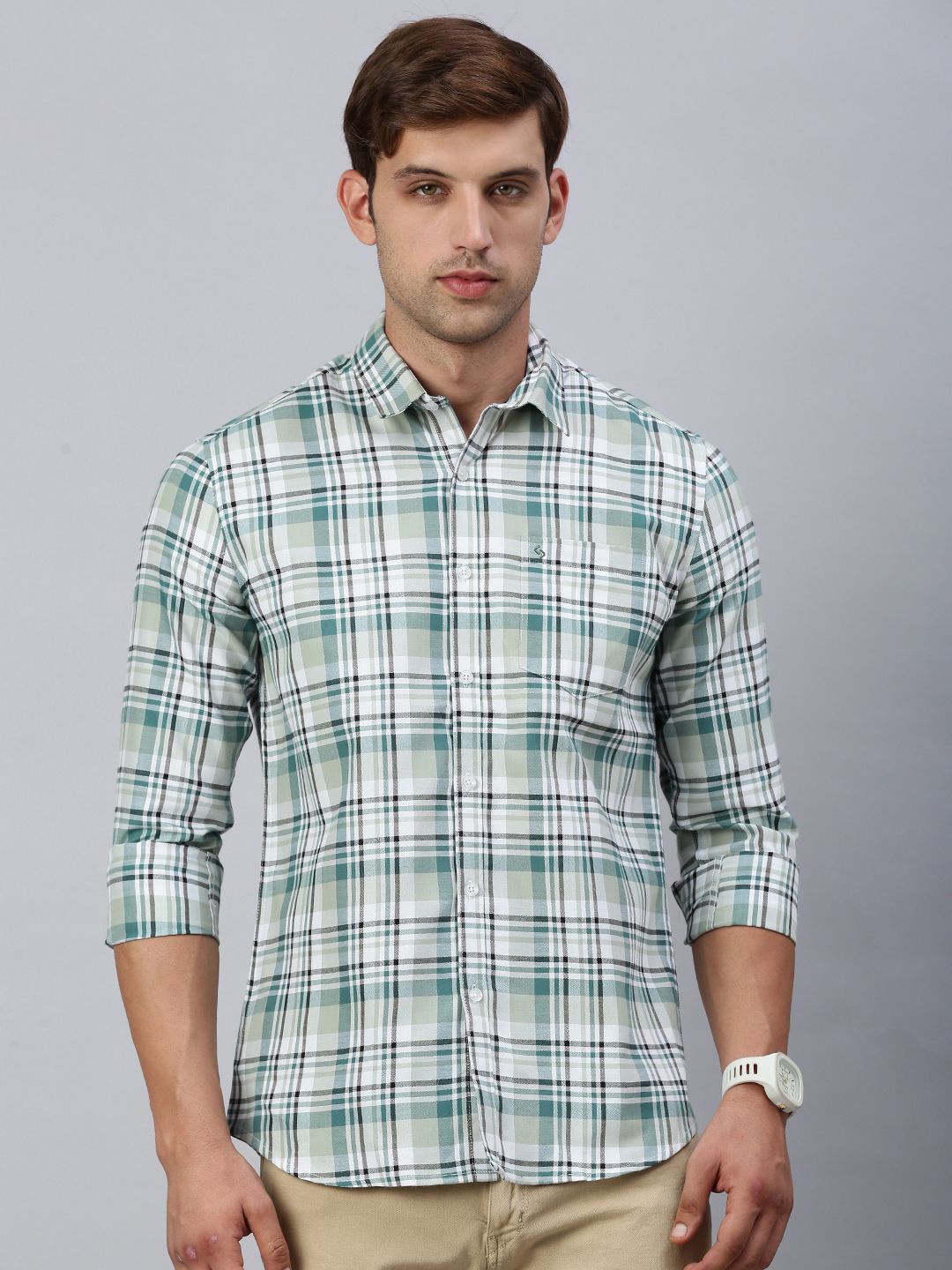 

Classic Polo Men India Slim Spread Collar Tartan Checked Cotton Casual Shirt, Green