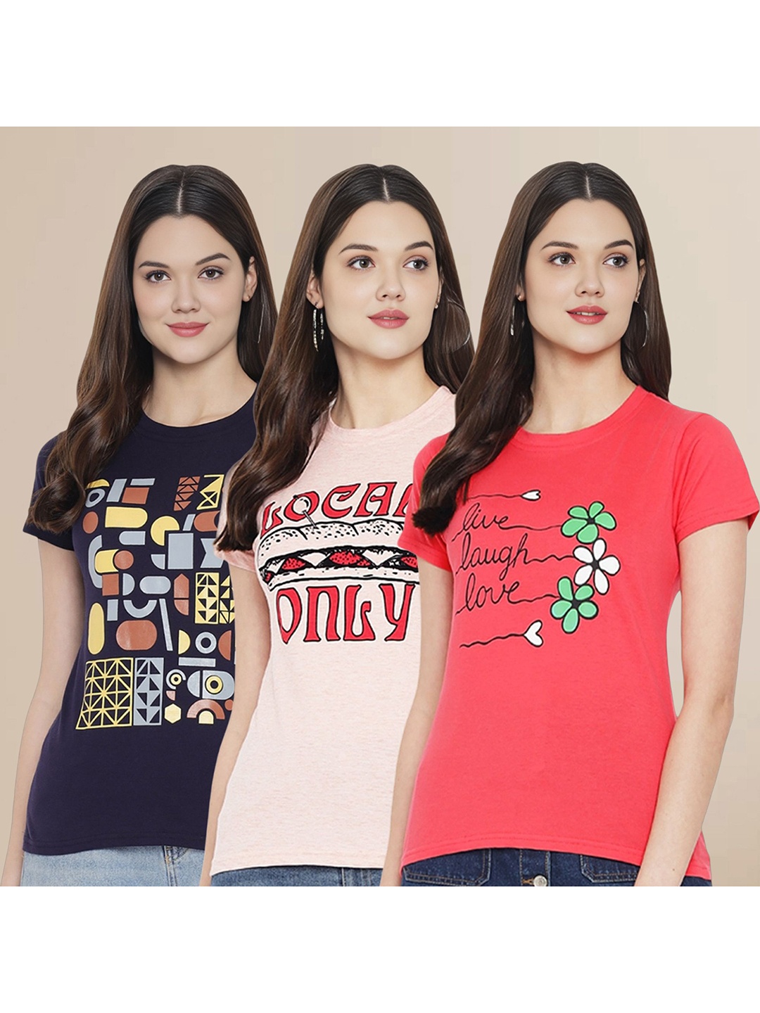 

Metronaut Women Pack Of 3 Typography Printed Round Neck Cotton T-shirts, Navy blue