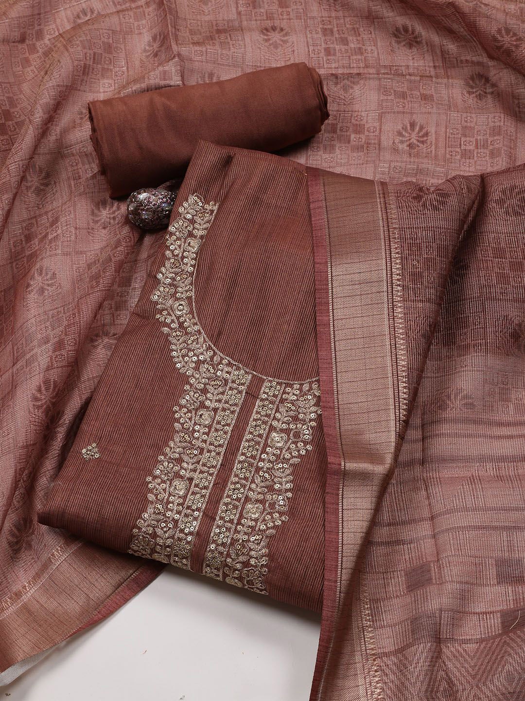 

Meena Bazaar Floral Embroidered Tissue Unstitched Dress Material, Brown