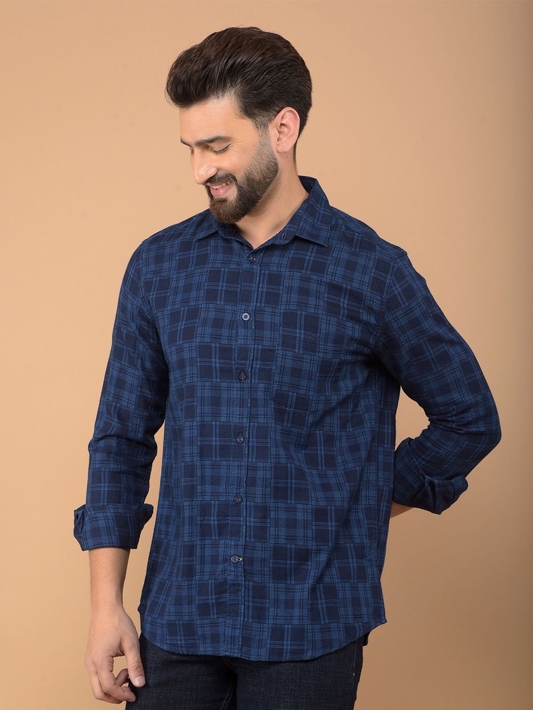 

Crimsoune Club Men Classic Spread Collar Checked Cotton Slim Fit Casual Shirt, Blue