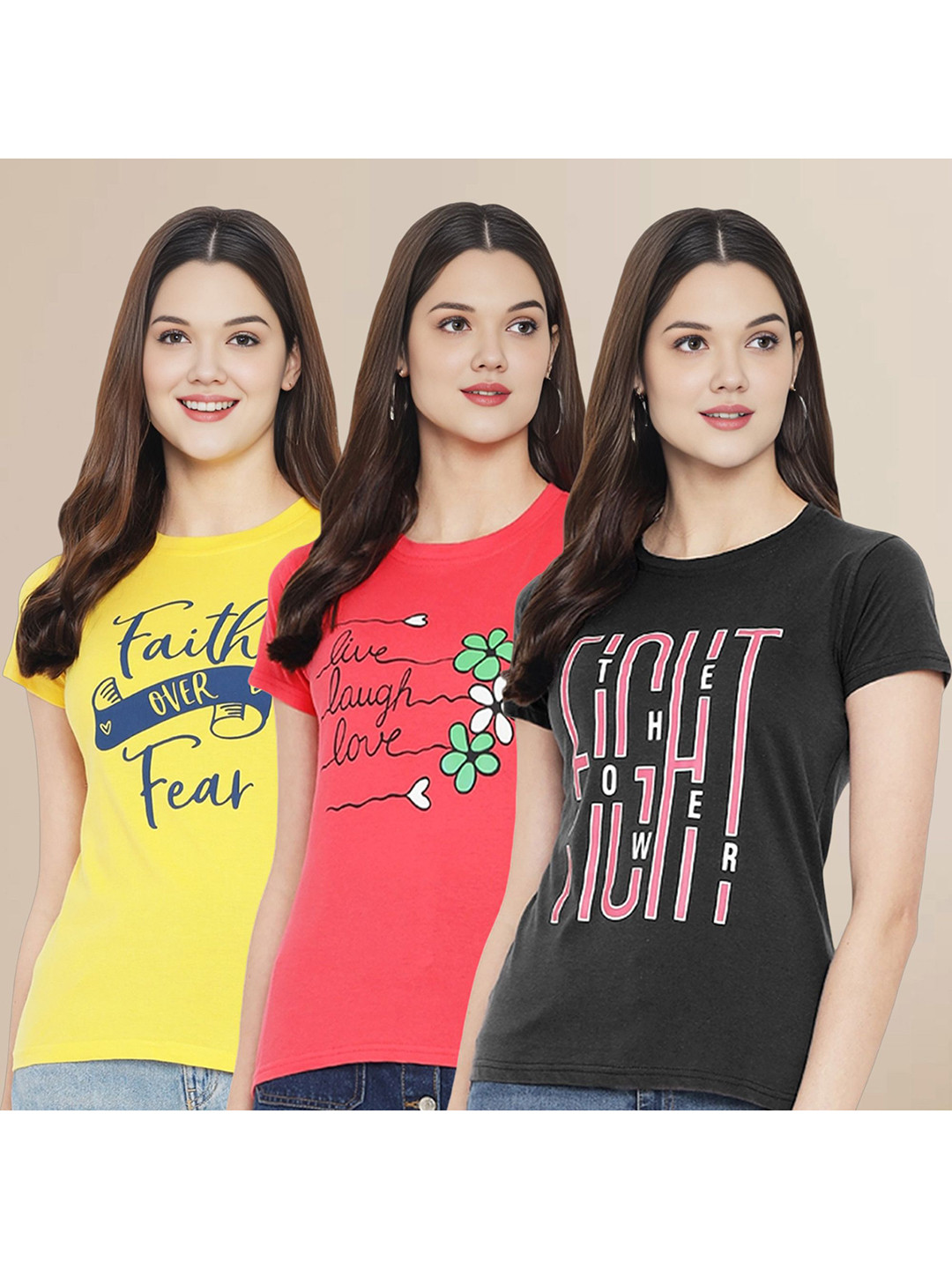 

Metronaut Women Pack Of 3 Typography Printed Round Neck Cotton T-shirts, Yellow