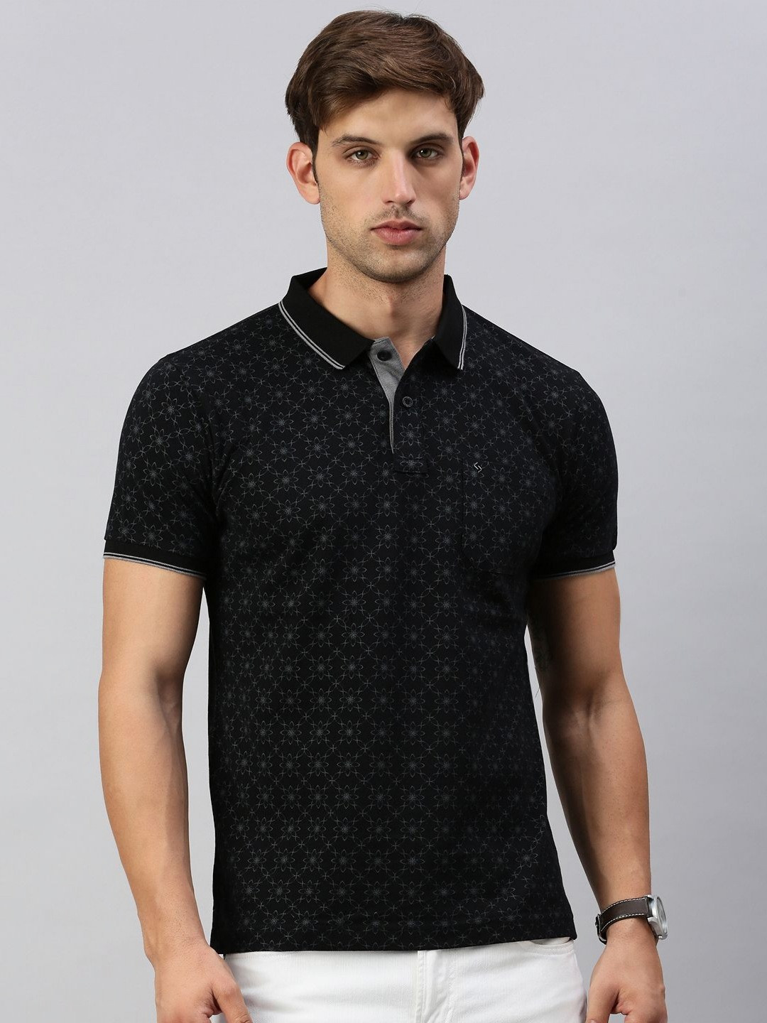 

Classic Polo Men Geometric Printed Polo Collar Cotton T-shirt, Black