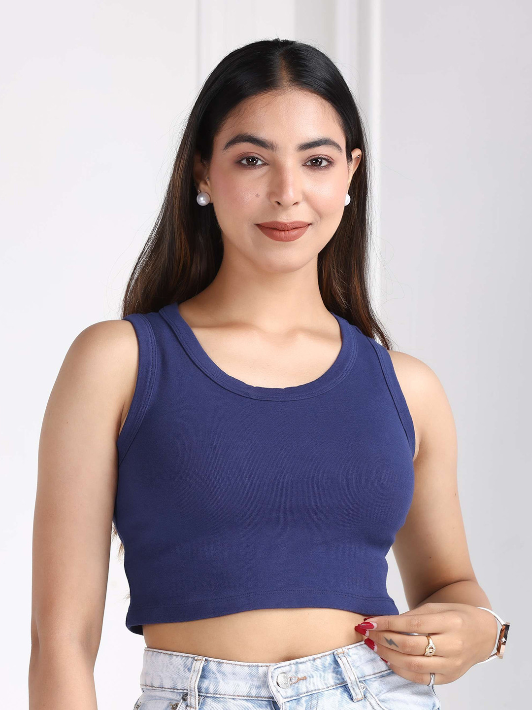 

Mlada Round Neck Regular Fit Sleeveless Cotton Ribbed Top, Navy blue