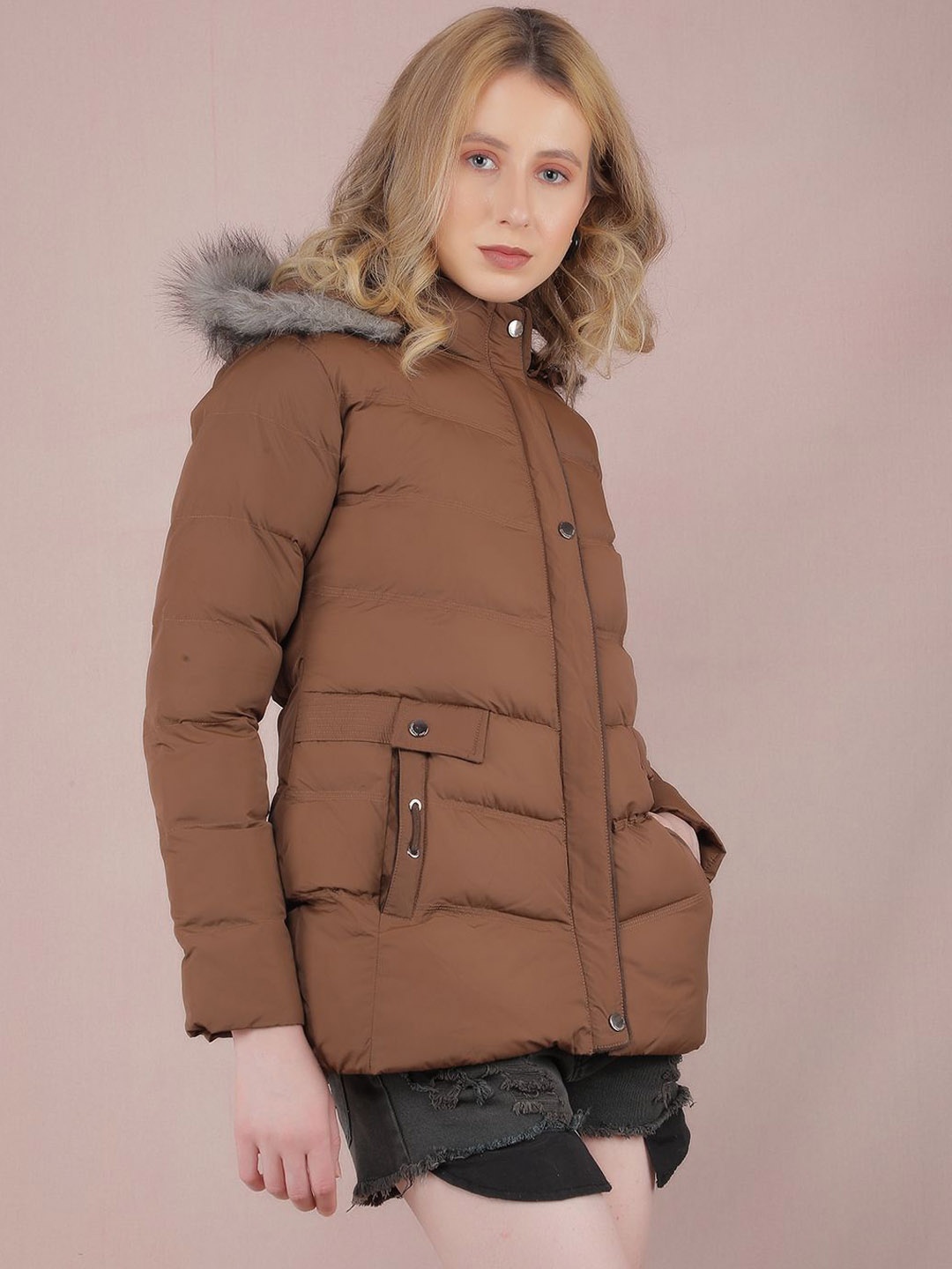 

Crimsoune Club Women Mock Collar Solid Casual Padded Jacket, Brown
