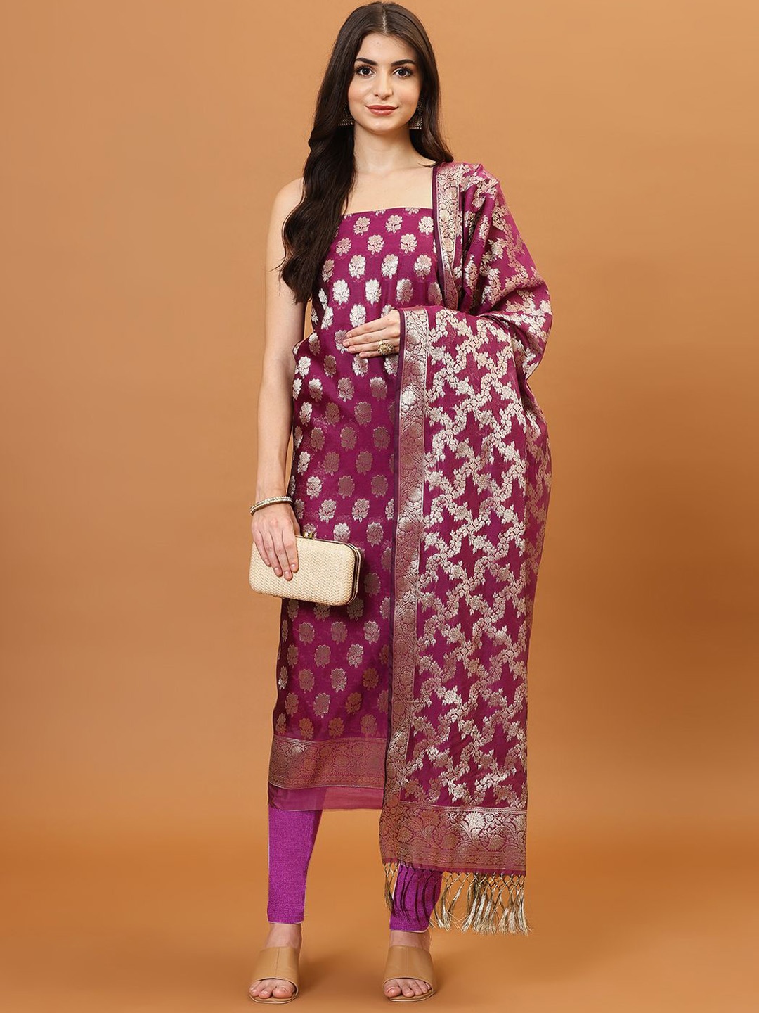 

Meena Bazaar Ethnic Motifs Woven Design Zari Unstitched Dress Material, Purple