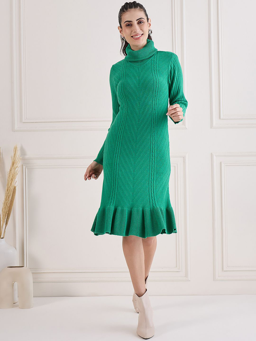 

CREATIVE LINE Self Design High Neck Winter Jumper Dress, Green
