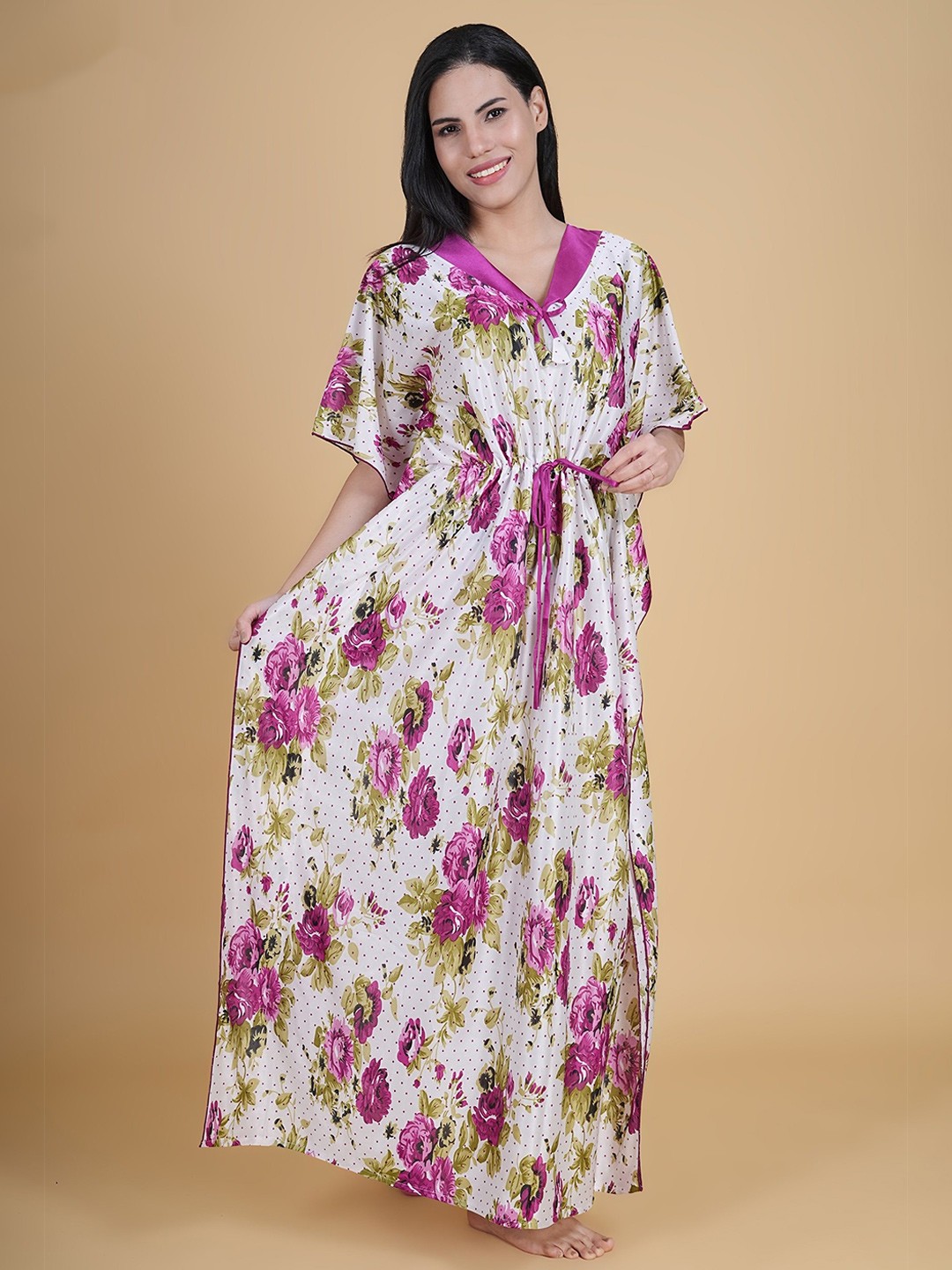 

Noty Floral Printed Satin Maxi Kaftan Nightdress, Magenta
