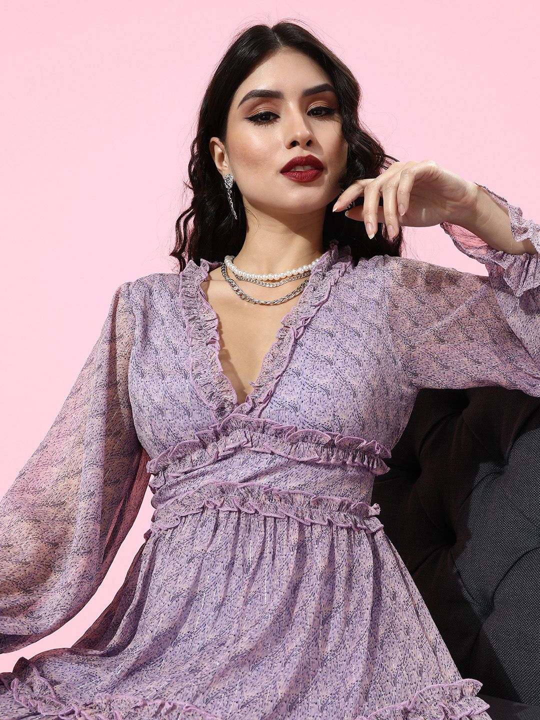 

QUIERO Floral Printed Ruffled Georgette Fit & Flare Dress, Lavender