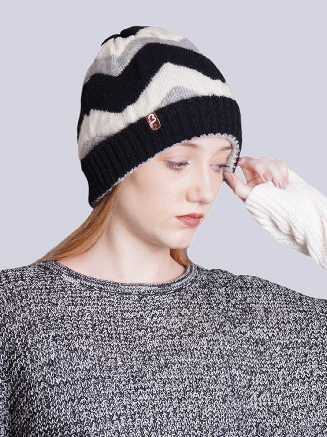 

Bharatasya Unisex Striped Winter Beanie, Grey