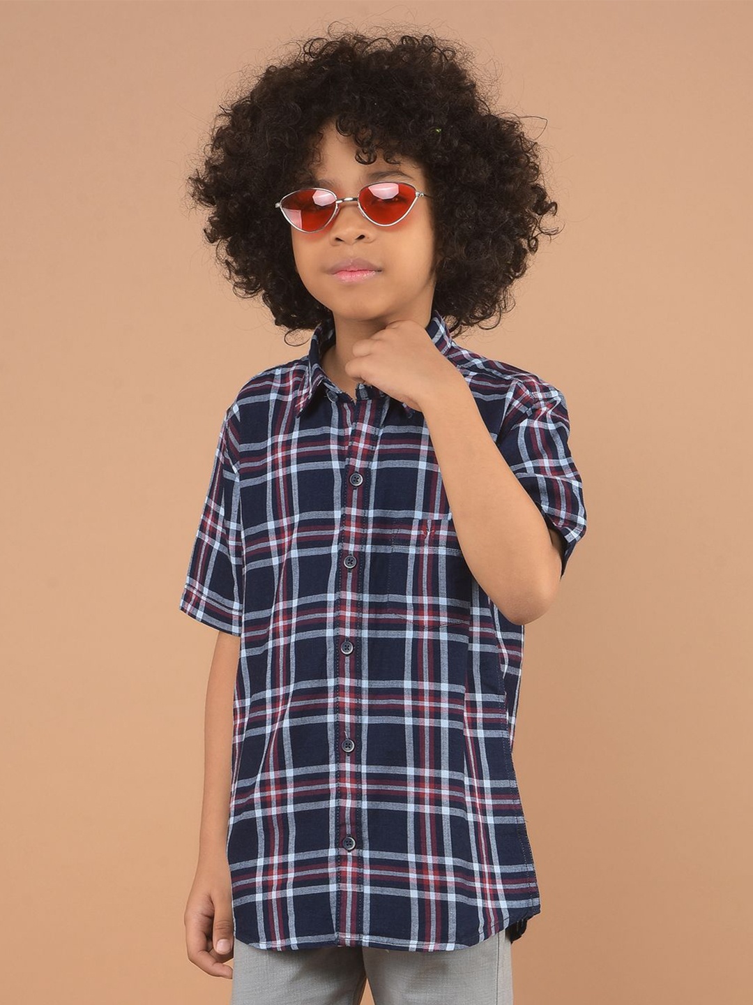 

Crimsoune Club Boys Classic Spread Collar Checked Cotton Slim Fit Casual Shirt, Navy blue