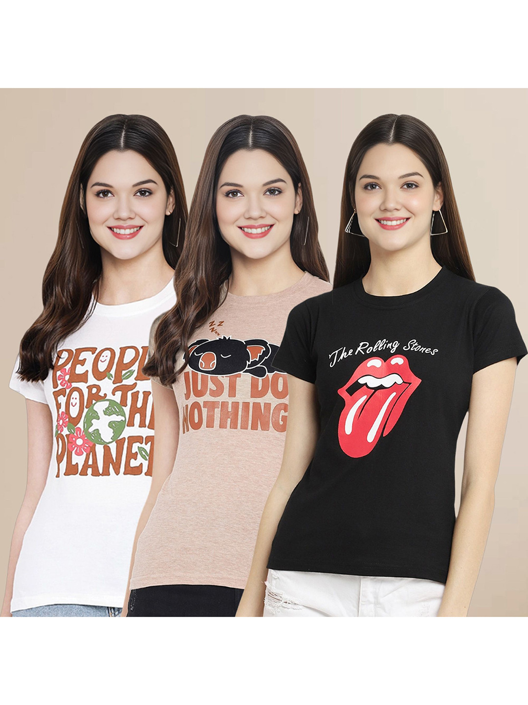 

Metronaut Women Pack Of 3 Typography Printed Round Neck Cotton T-shirts, Beige