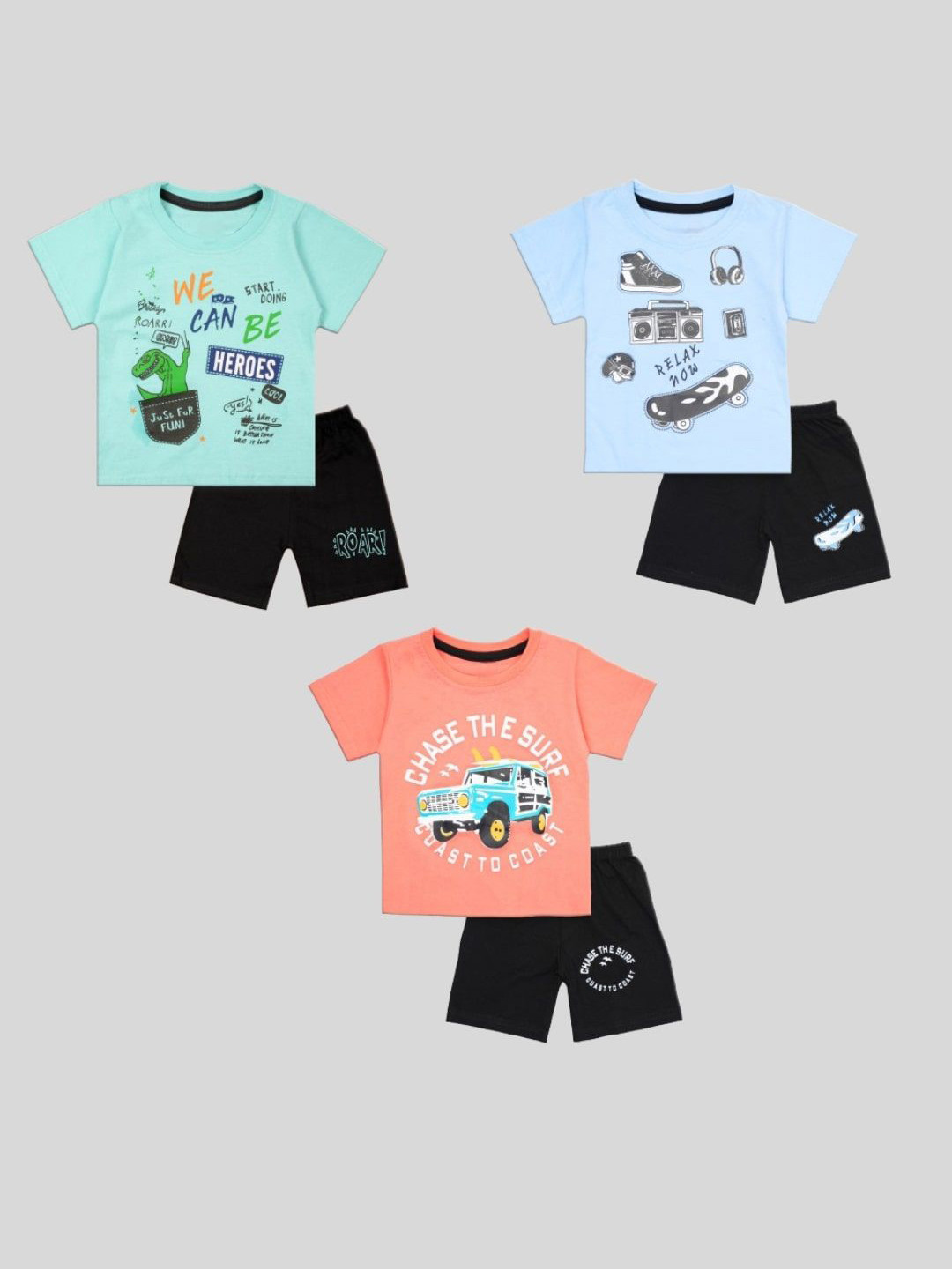 

BURBN Boys Pack of 3 Printed Pure Cotton T-shirt with Shorts, Blue