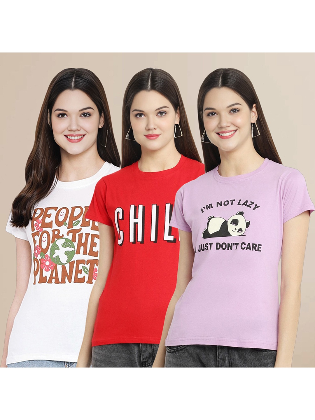 

Metronaut Women Pack Of 3 Typography Printed Round Neck Cotton T-shirts, White