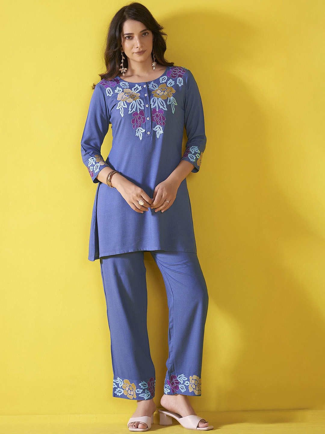 

Anouk Blue Round Neck Embroidered Liva Top With Trousers