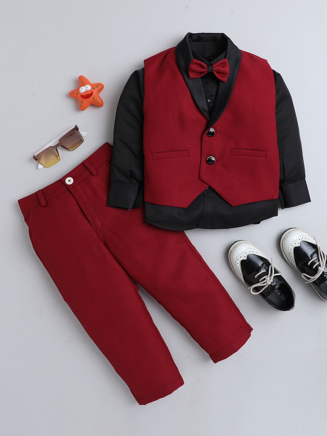 

Lil homies Boys Single-Breasted Three-Piece Suit With Neck Bow, Maroon