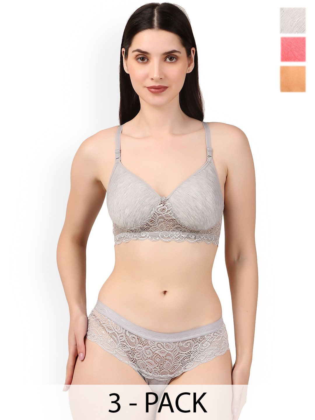 

Piylu Pack Of 3 Lightly Padded Lingerie Sets, Grey