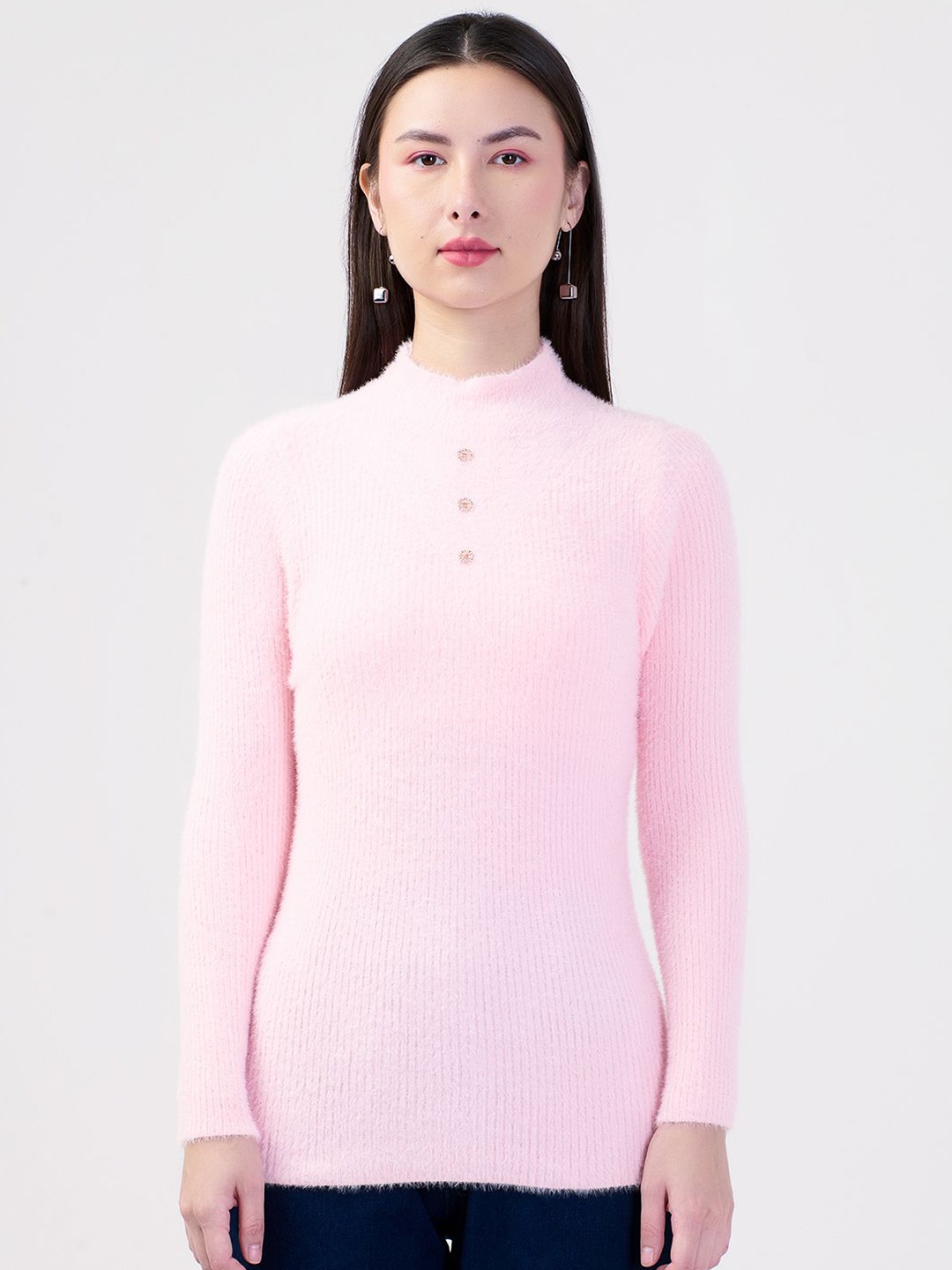 

Albion By CnM Women Mandarin Collar Long Sleeves Velvet Top, Pink
