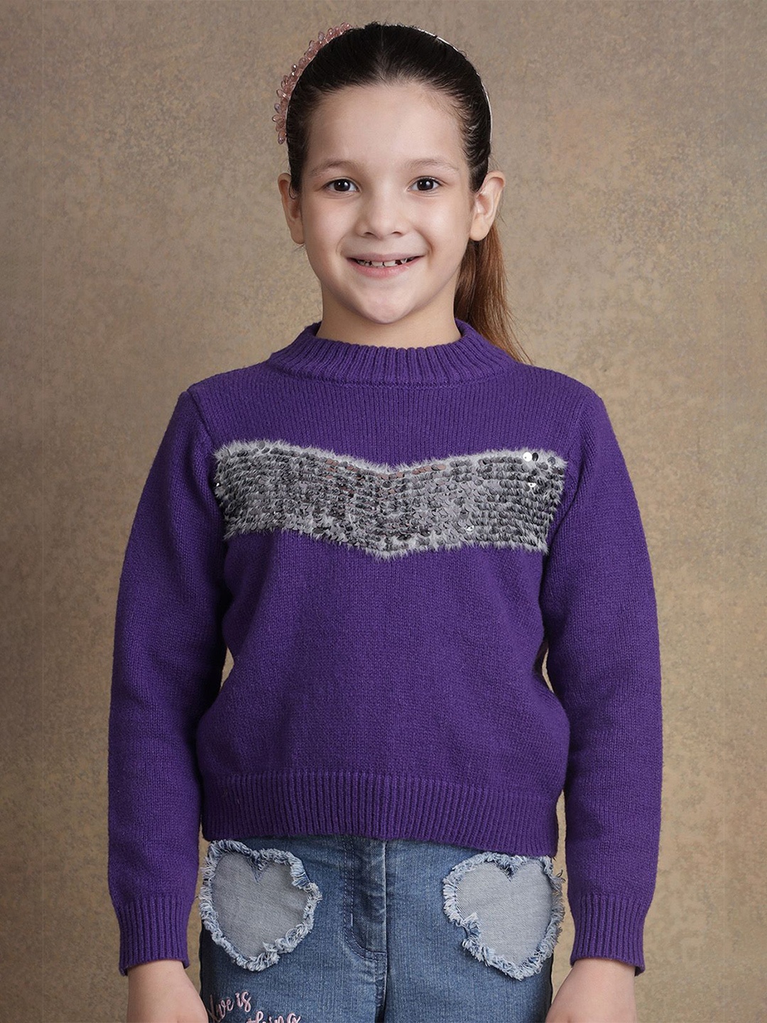 

One Friday Girls Embroidered Self Design Pullover, Purple