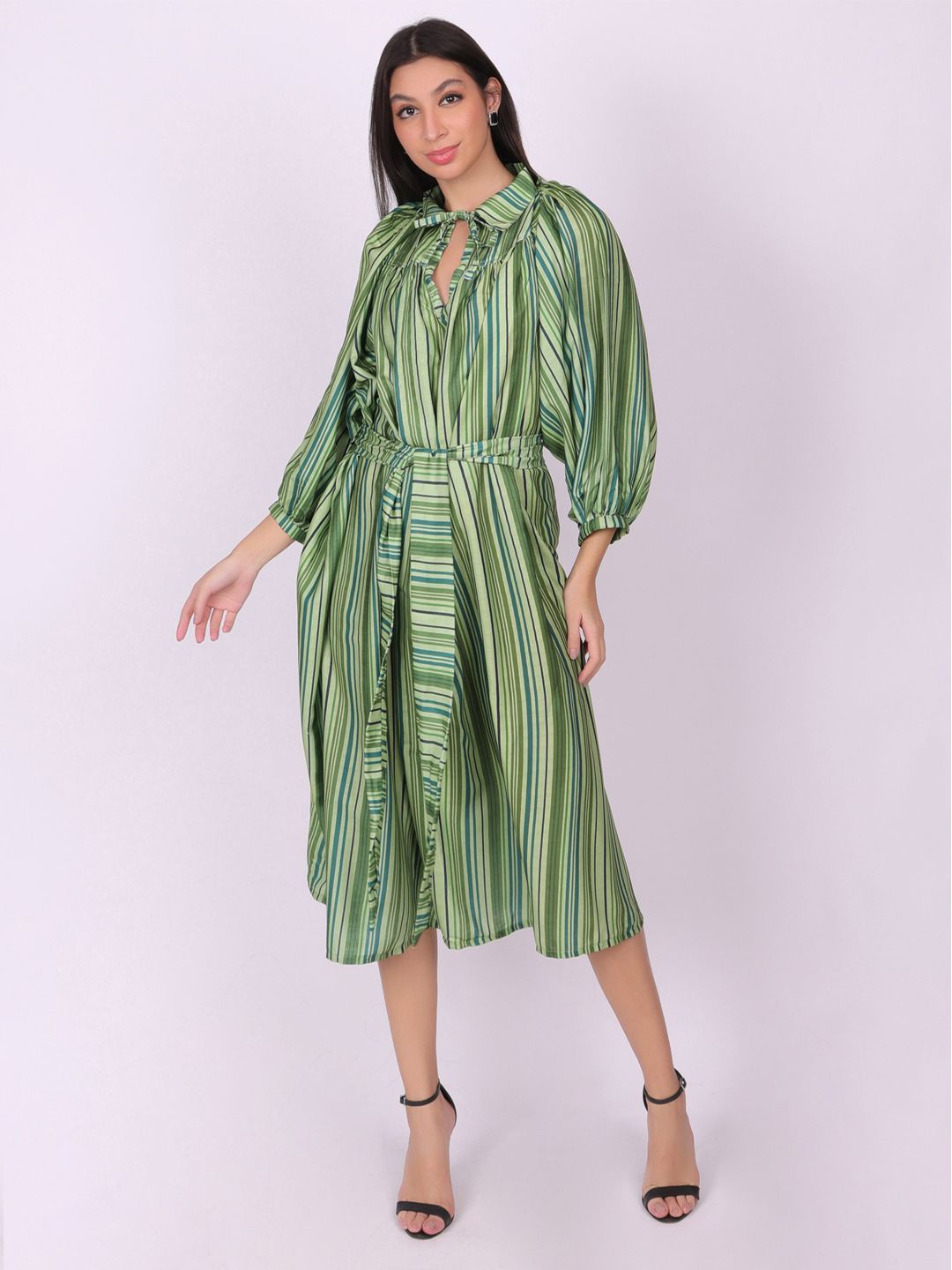 

Navvi Women Striped Printed A-Line Casual Midi Dress, Green