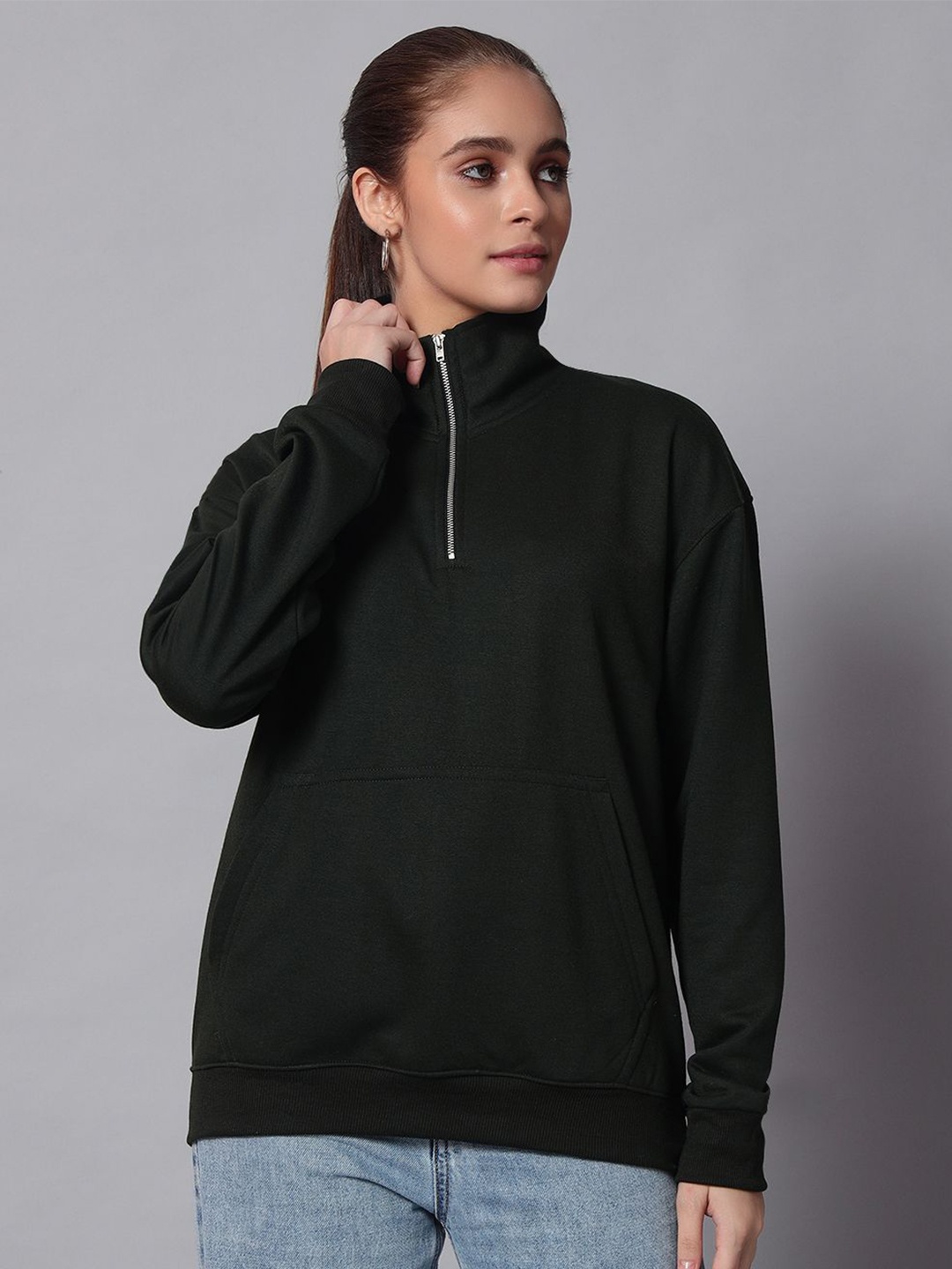 

Obaan Women Solid Mock Collar Long Sleeves Pullover Sweatshirt, Black