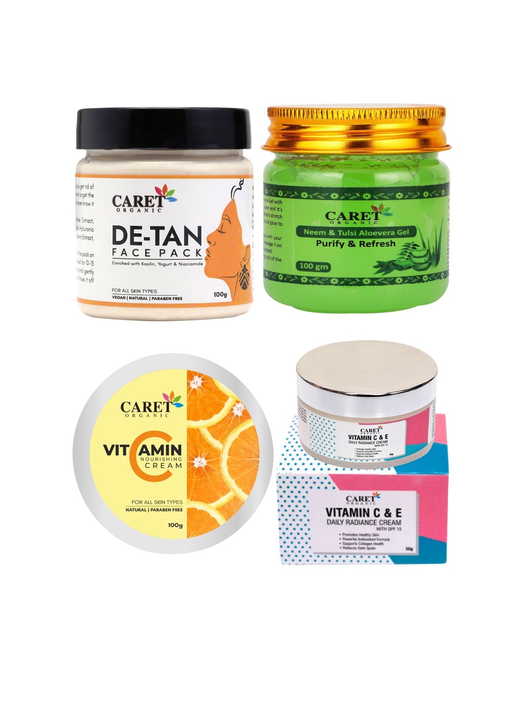 

CARET ORGANIC Set Of 4 Daily Cream-50 g,Face Pack, Gel & Vitamin C Cream-100 g Each, White