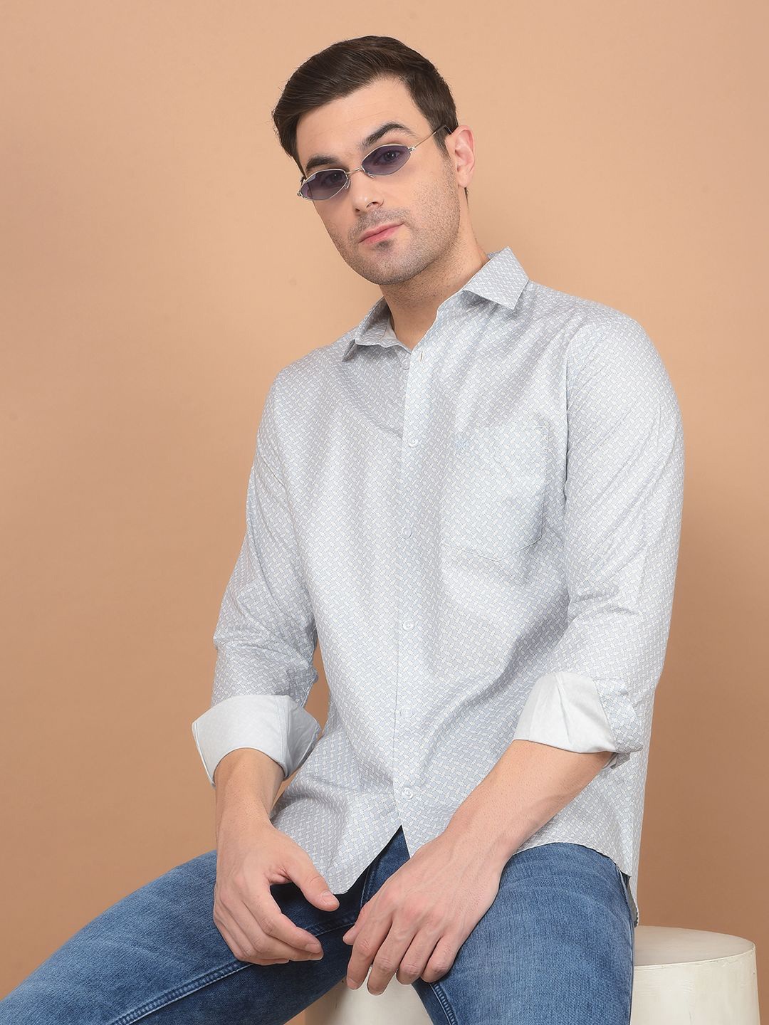 

Crimsoune Club Men Classic Spread Collar Geometric Printed Cotton Slim Fit Casual Shirt, Blue