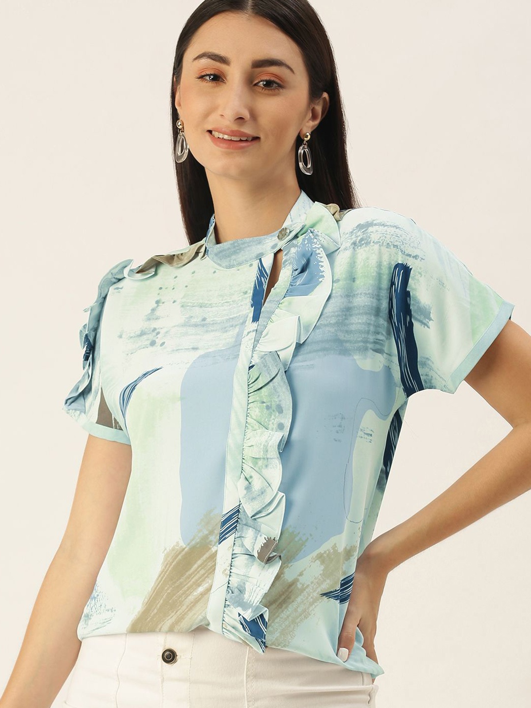 

SHECZZAR Women High Neck Crepe Top, Blue